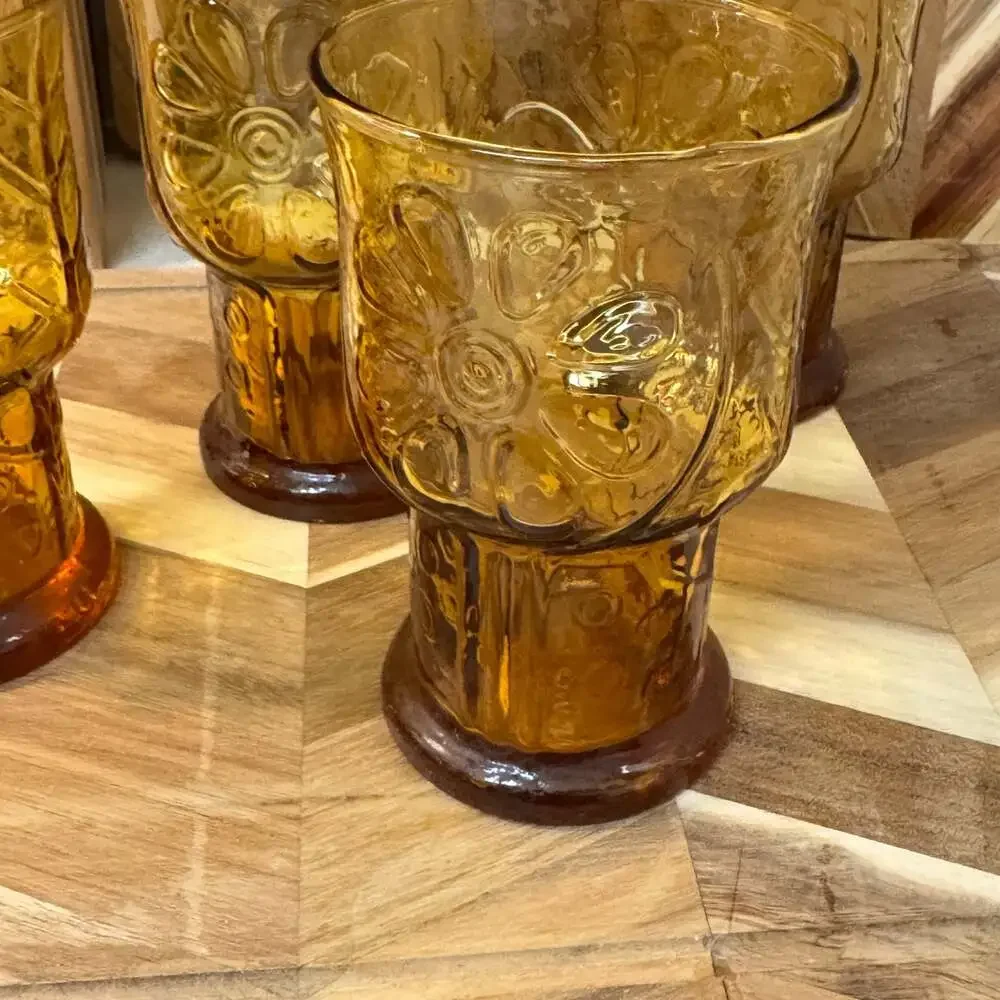 Vintage Libbey Country Garden Amber Daisy Pattern Water Goblets, Set of 4